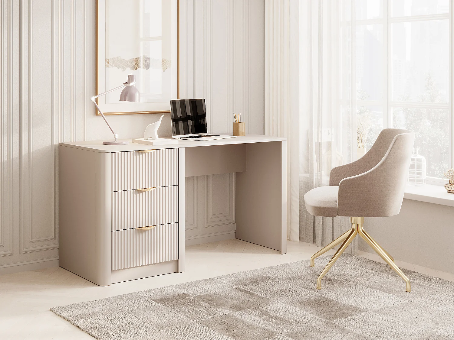 Bureau avec 3 tiroirs – Beige et doré - ELONARIA