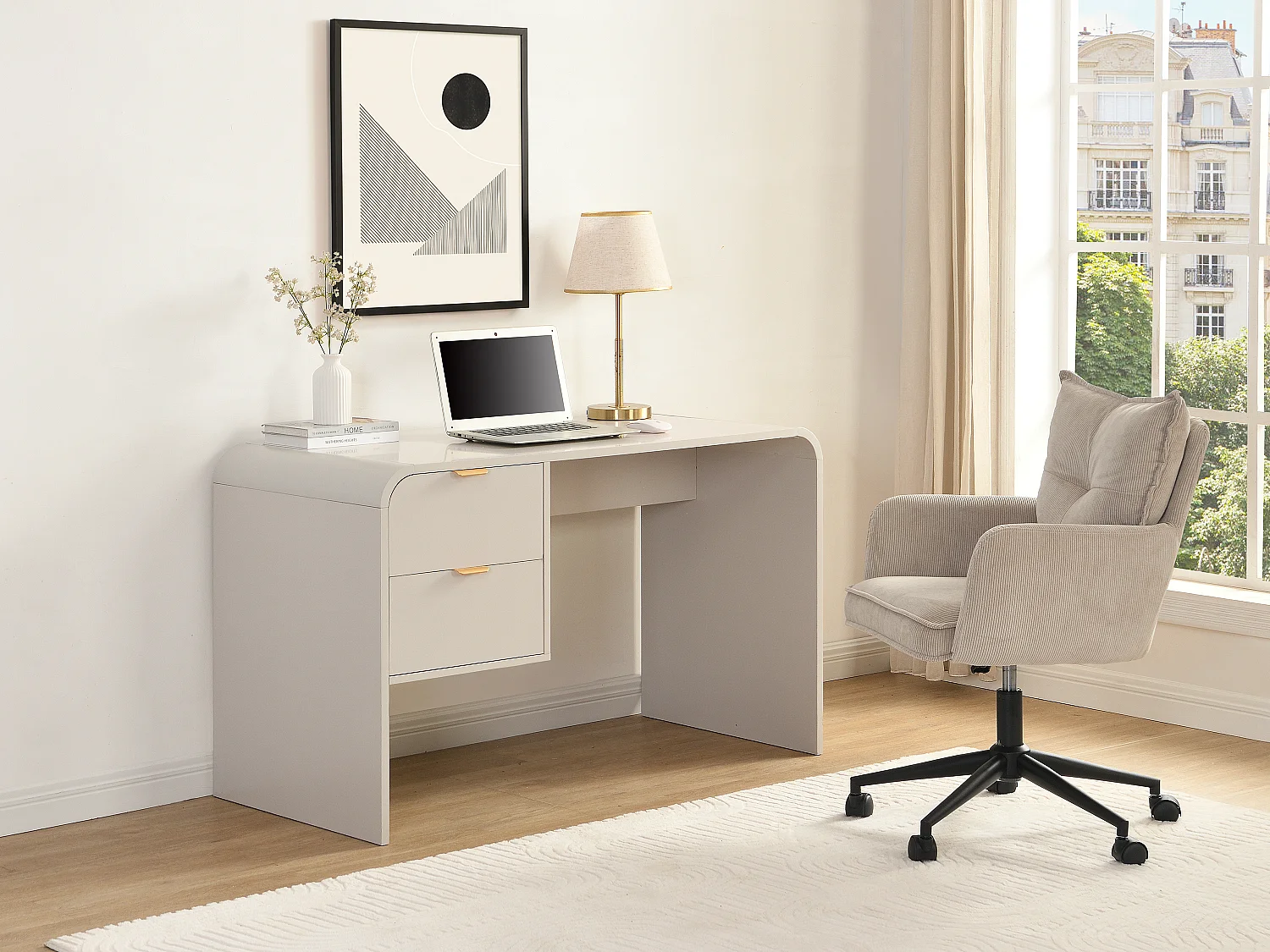 Bureau 2 tiroirs – Beige et doré – ORALINO