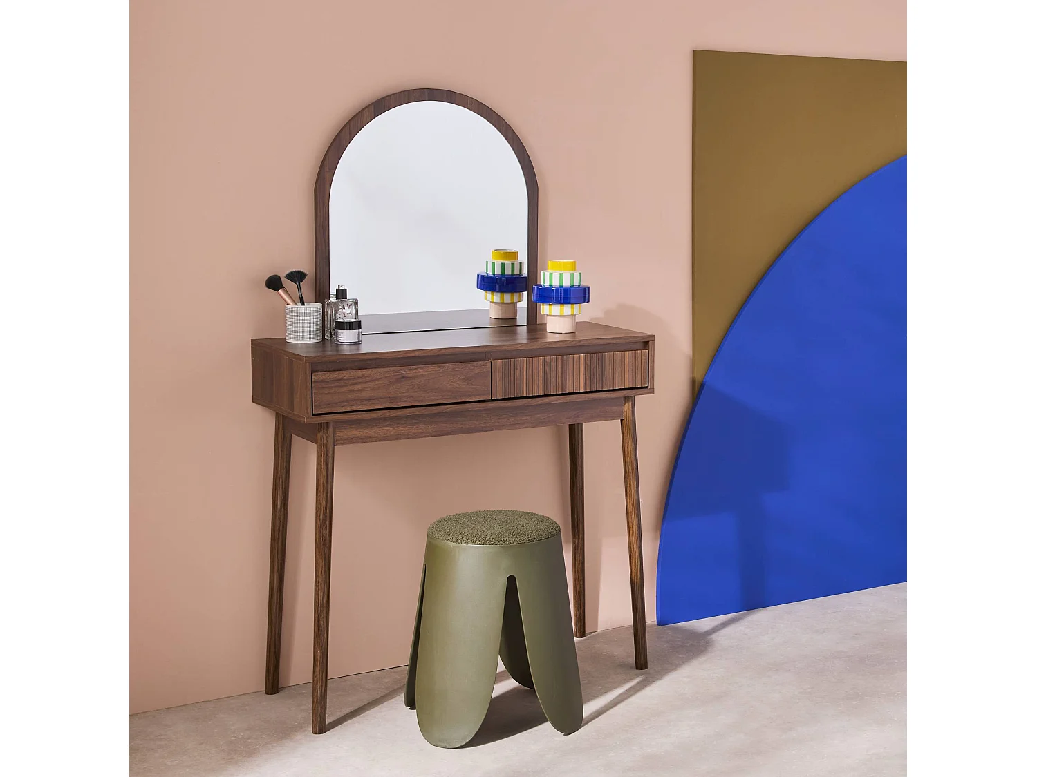 Mueble tocador de madera espejo redondo, 90cm nogal