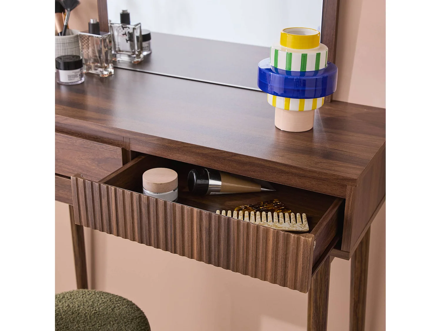 Mueble tocador de madera espejo redondo, 90cm nogal