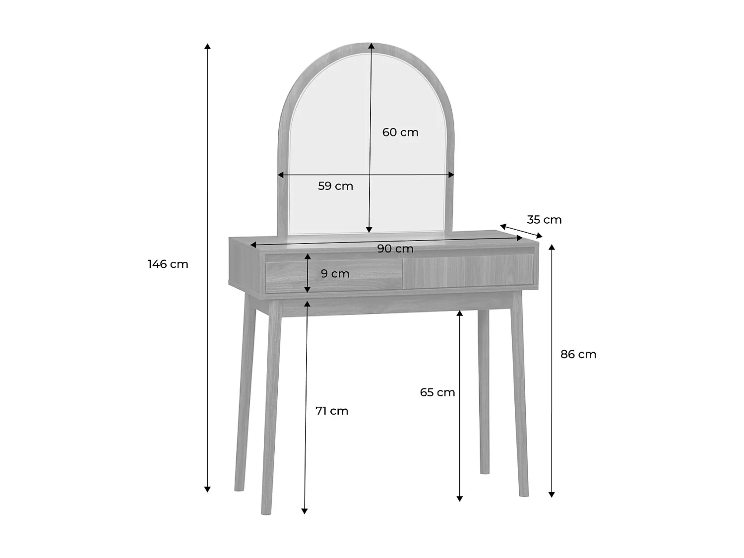 Mueble tocador de madera espejo redondo, 90cm nogal