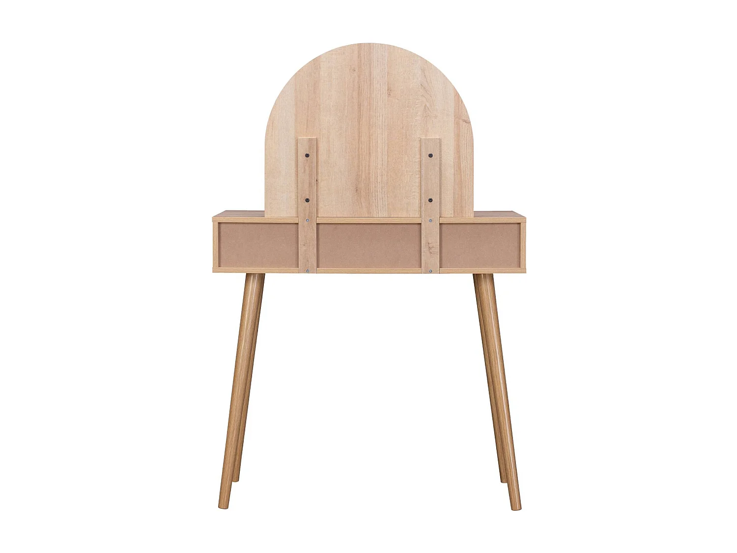 Coiffeuse Bohème avec miroir arrondi et 2 tiroirs cannage. coloris naturel. style Scandinave. L 90 x P 35 x H 135.5 cm