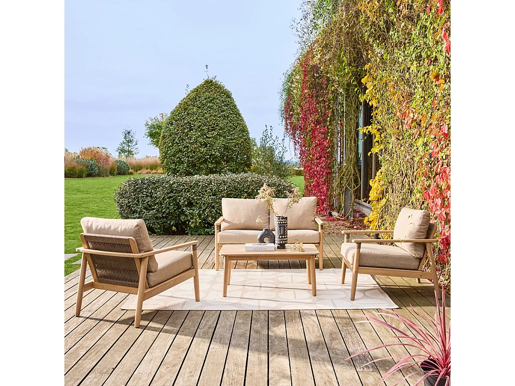 Conjunto de muebles de jardín de madera de acacia y cuerdas,  4 plazas