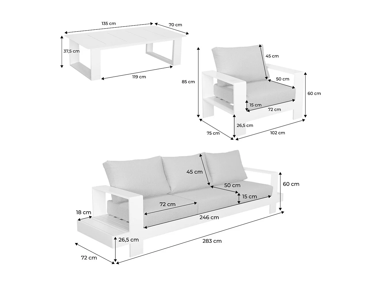Salotto da giardino in alluminio, 5 posti, beige