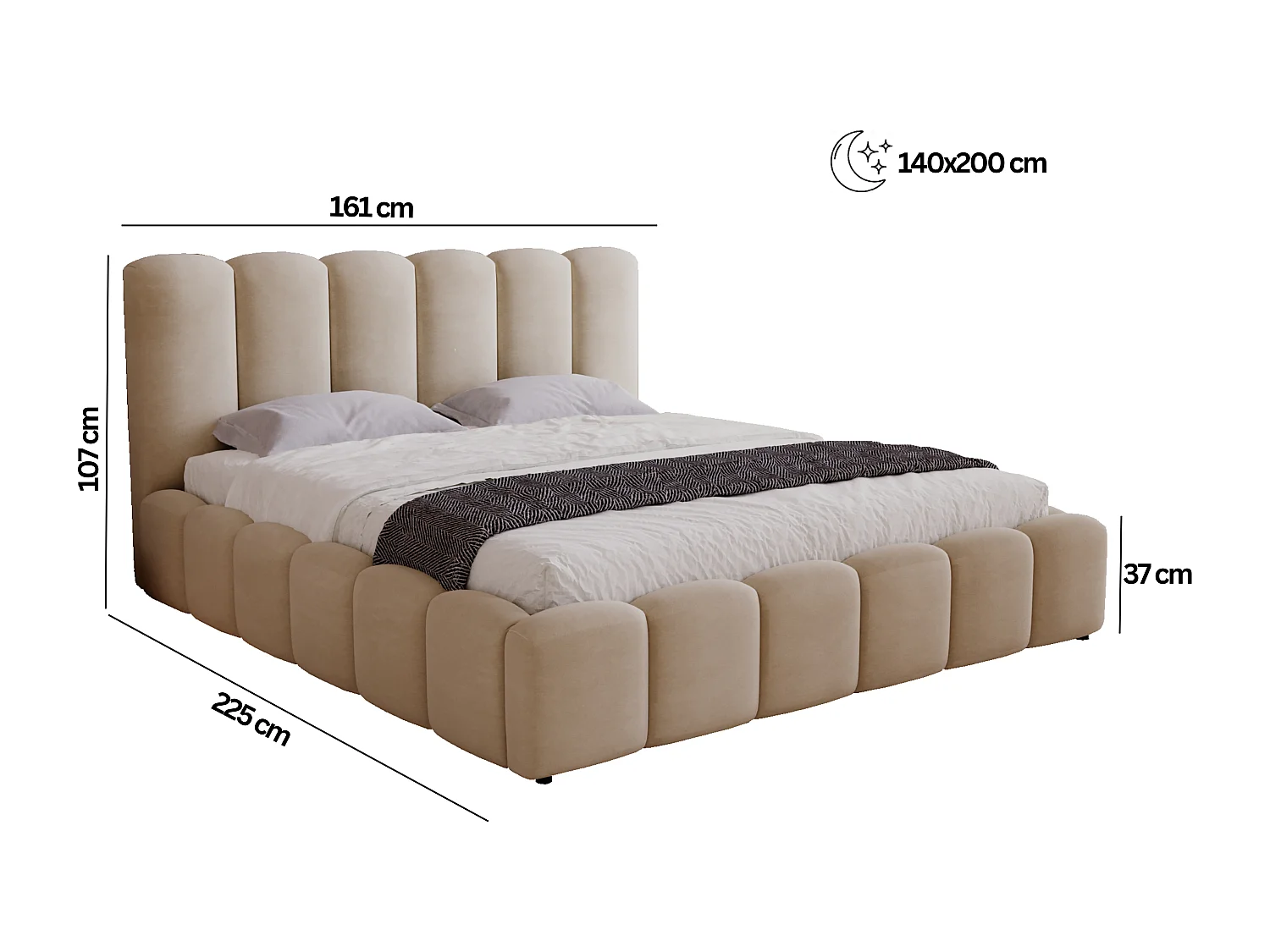 BESILIO Zacht gestoffeerd bed 140x200 Julien – bed met opbergruimte, afgerond design, dichte verticale banen – Lichtgrijs
