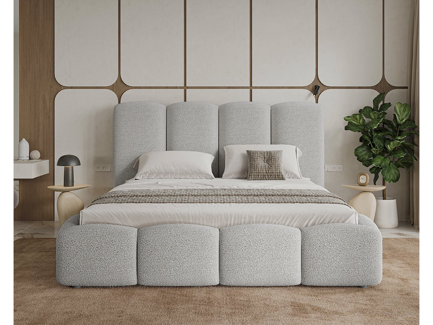 BESILIO Wolkenbed met opbergruimte en lattenbodem 160x200 Fluffy – gestoffeerd bed van bouclé-/teddystof, dikke schuimvulling – Lichtgrijs