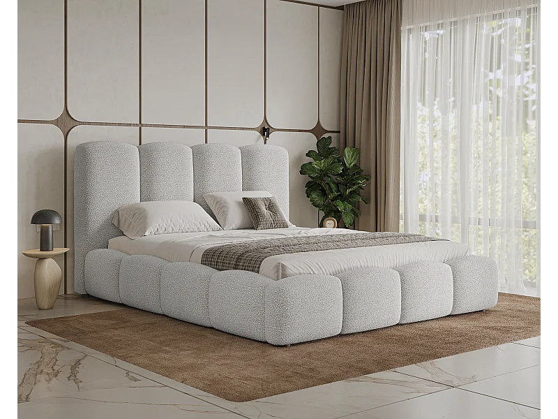 BESILIO Wolkenbed met opbergruimte en lattenbodem 160x200 Fluffy – gestoffeerd bed van bouclé-/teddystof, dikke schuimvulling – Lichtgrijs