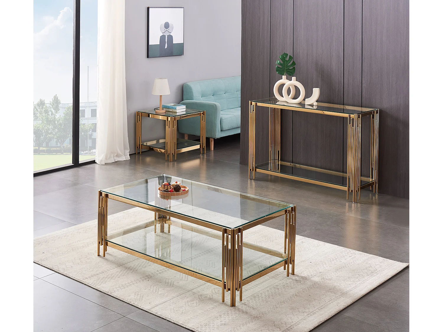 Table Basse FLUTE Rectangle Double Plateau Verre Trempé Transparent Structure Gold 120x60x45cm