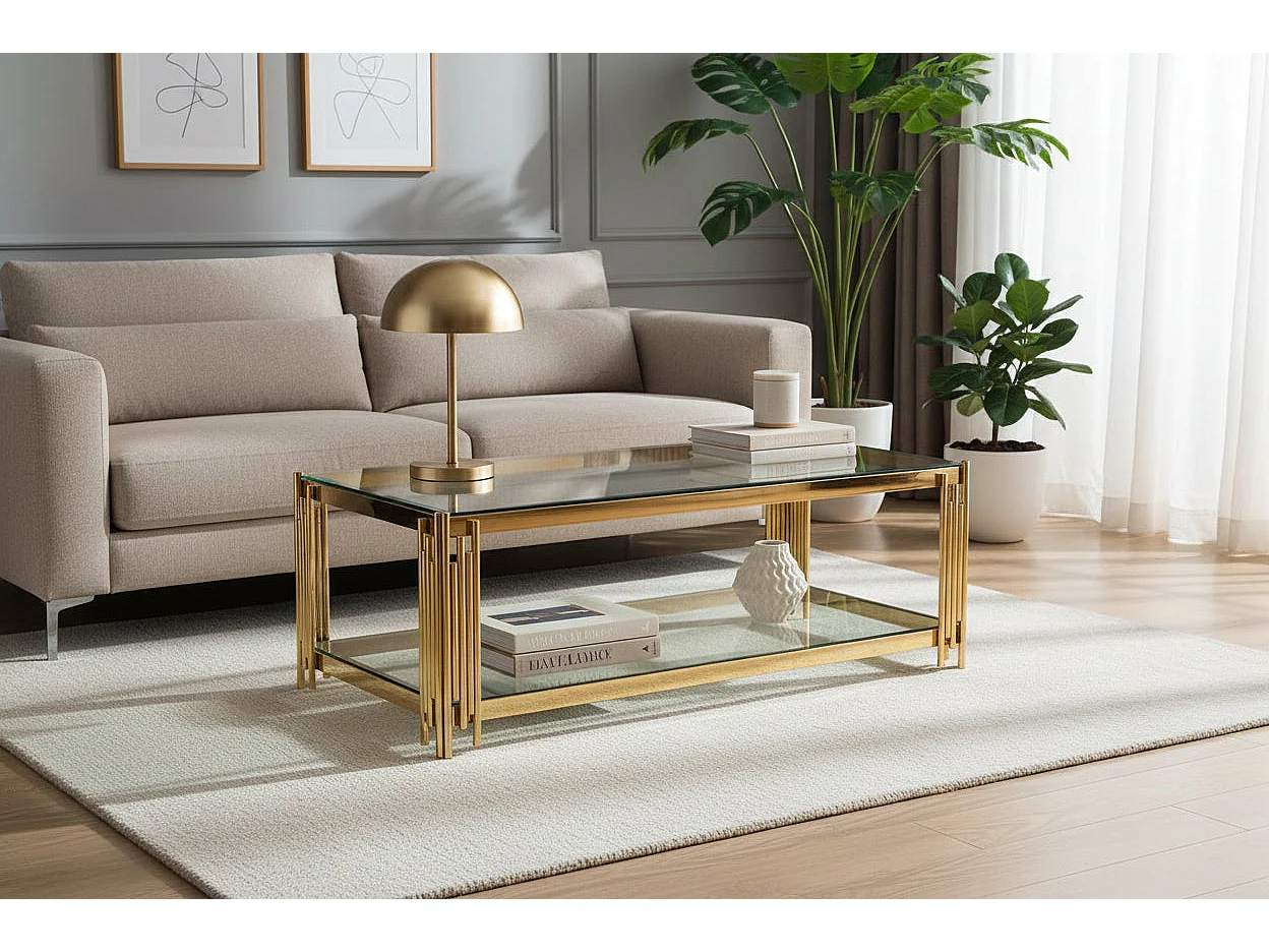 Table Basse FLUTE Rectangle Double Plateau Verre Trempé Transparent Structure Gold 120x60x45cm
