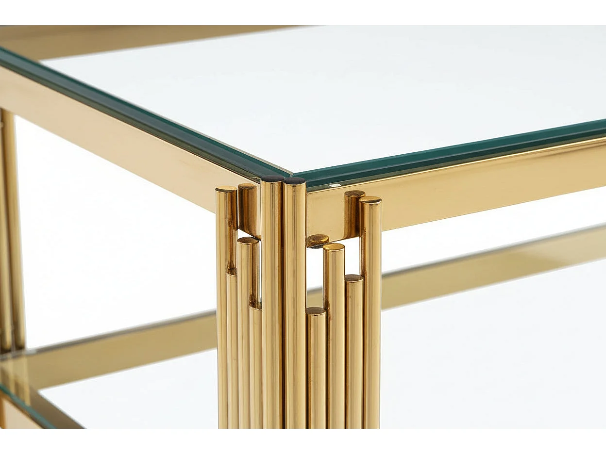 Table Basse FLUTE Rectangle Double Plateau Verre Trempé Transparent Structure Gold 120x60x45cm