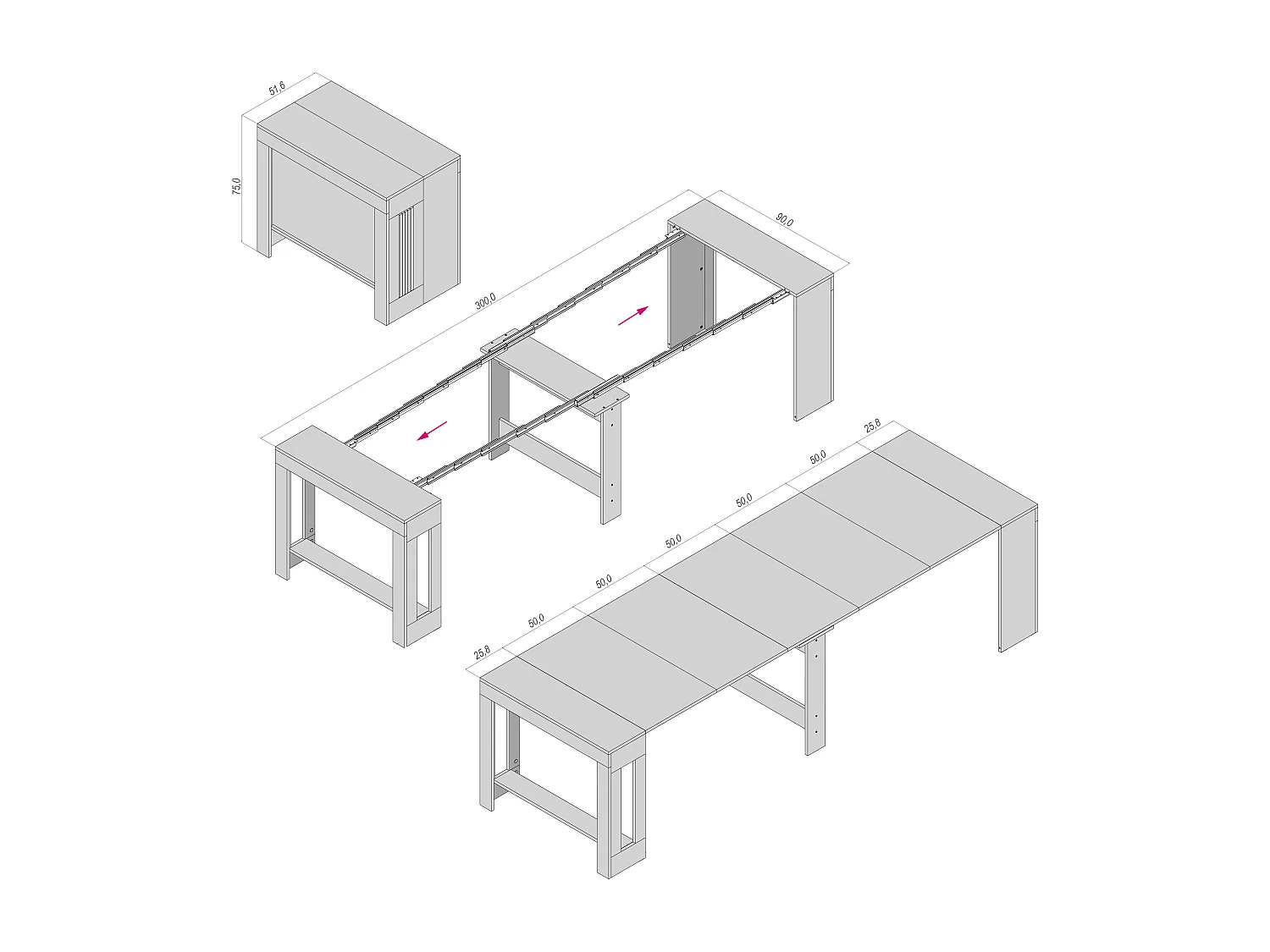 LAURA - Console blanche, extensible de 51,6 cm à 3 mètres - rallonges intégrées - jusqu’à 12 personnes - Livraison gratuite