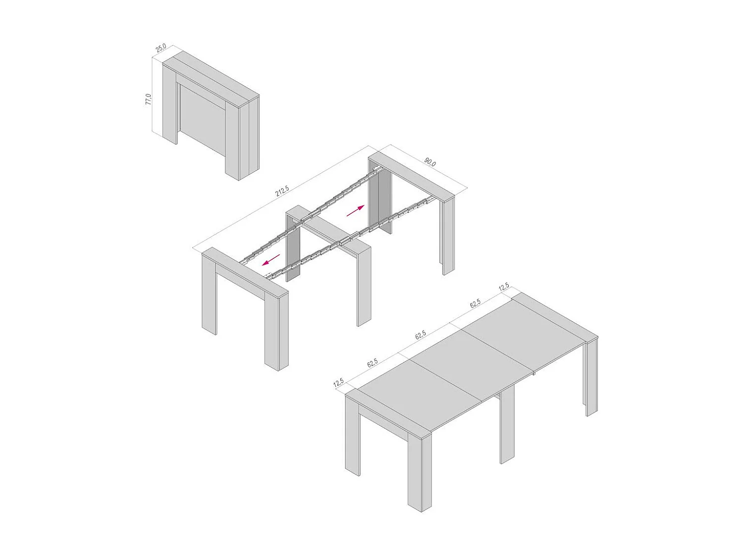 CLARA - Schlanker anthrazitfarbener ausziehbarer Konsolentisch von 25 cm bis 2 Meter - integrierte Erweiterungen - für bis zu 8 Personen - kostenloser Versand