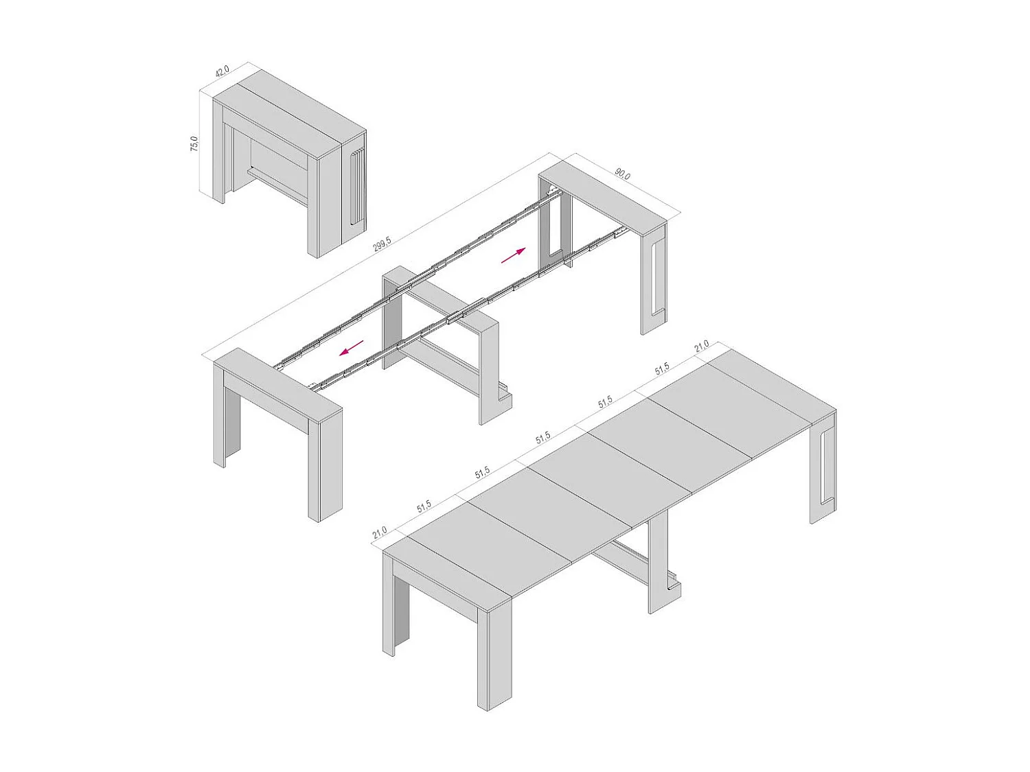 PETRA - Ausziehbarer Konsolentisch aus Eiche von 42 cm bis 3 Meter - integrierte Erweiterungen - für bis zu 12 Personen - kostenloser Versand