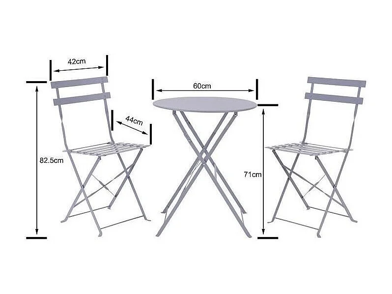 Set bistrot pieghevole grigio in acciaio - Tavolo rotondo 60x71 cm + 2 sedie senza braccioli, stile industriale, montaggio consegnato