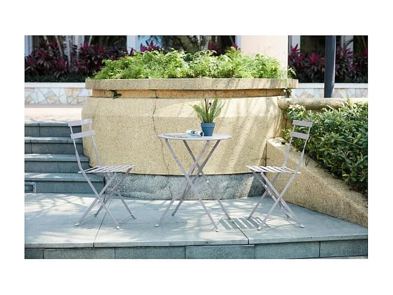 Set bistrot pieghevole grigio in acciaio - Tavolo rotondo 60x71 cm + 2 sedie senza braccioli, stile industriale, montaggio consegnato