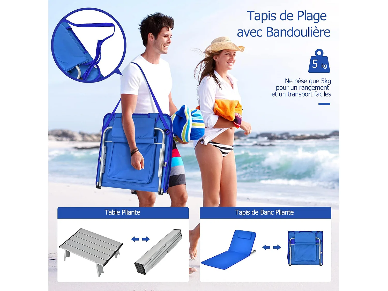 2-delige opvouwbare strandmatset met bijzettafel, strandmatras met verstelbare hoogte 27-47 cm (blauw)