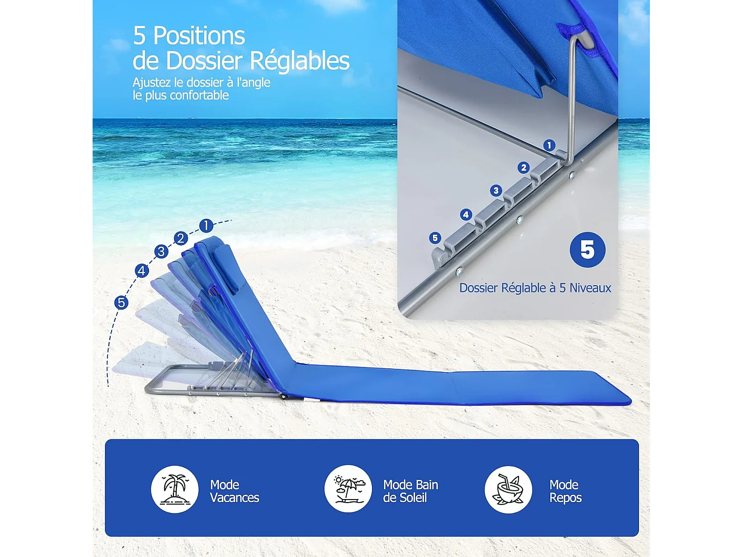 2-delige opvouwbare strandmatset met bijzettafel, strandmatras met verstelbare hoogte 27-47 cm (blauw)
