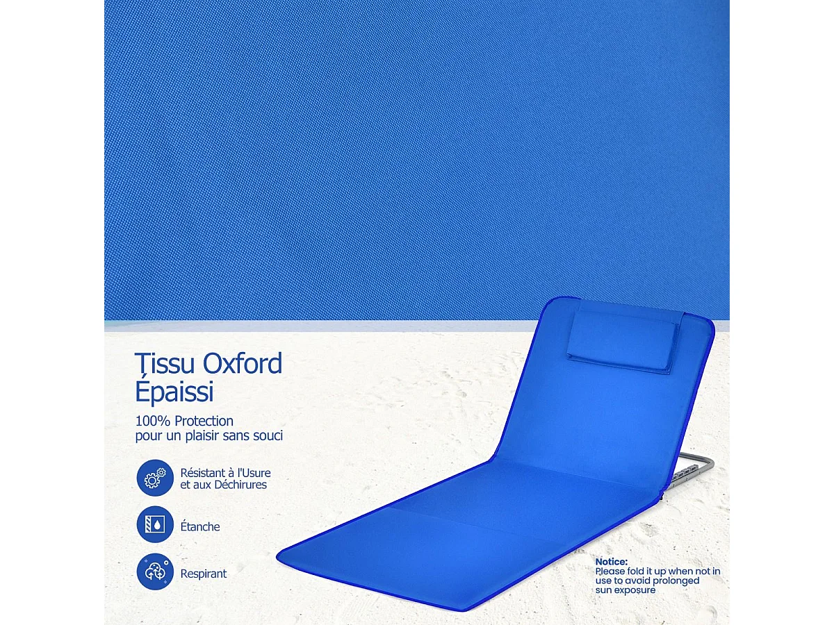 2-delige opvouwbare strandmatset met bijzettafel, strandmatras met verstelbare hoogte 27-47 cm (blauw)