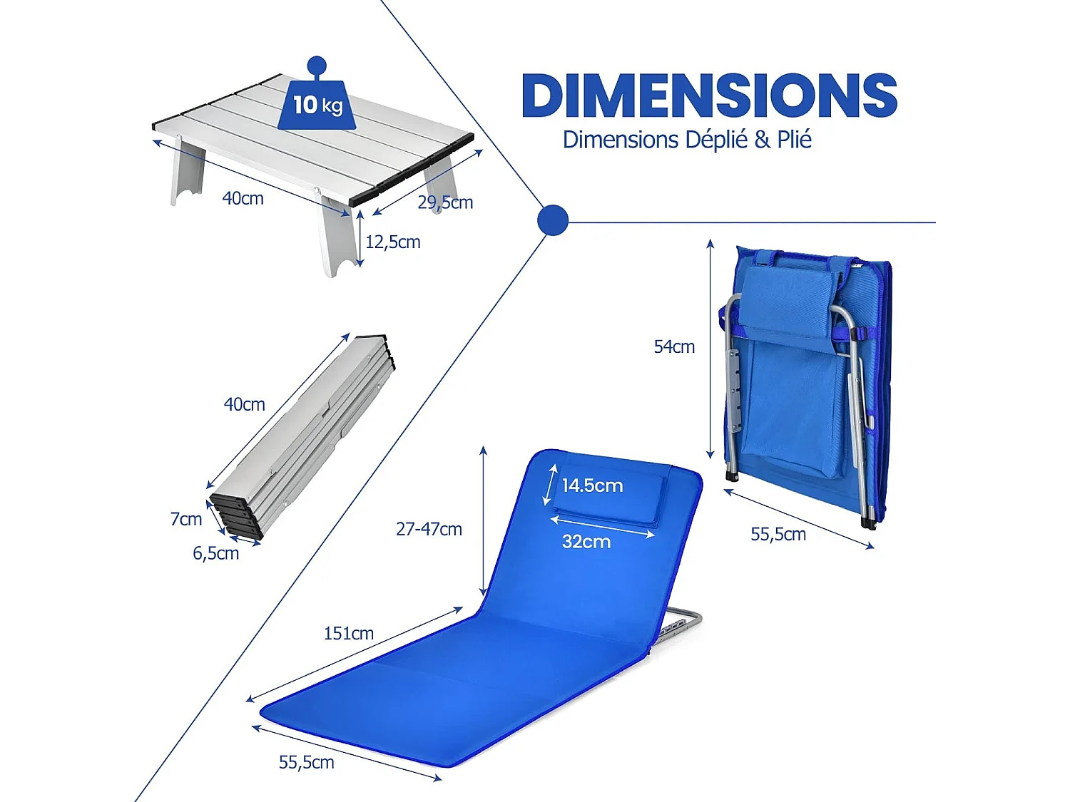 2-delige opvouwbare strandmatset met bijzettafel, strandmatras met verstelbare hoogte 27-47 cm (blauw)
