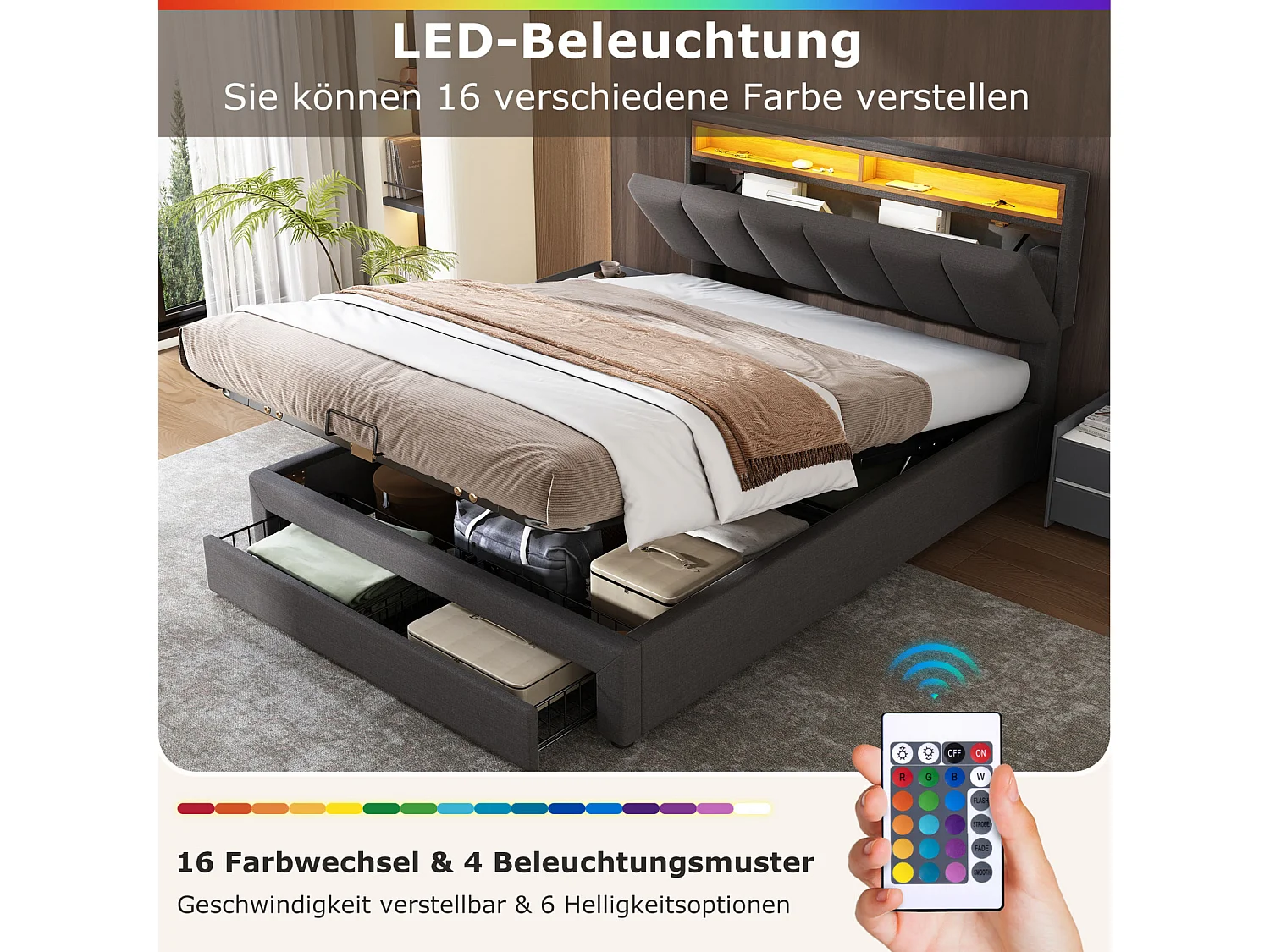 140 x 190 cm großes Bett mit grauem Leinenbezug, gepolstertem Kopfteil, hydraulischem Stauraum und Schubladen – LED-Beleuchtung und Stahlrahmen