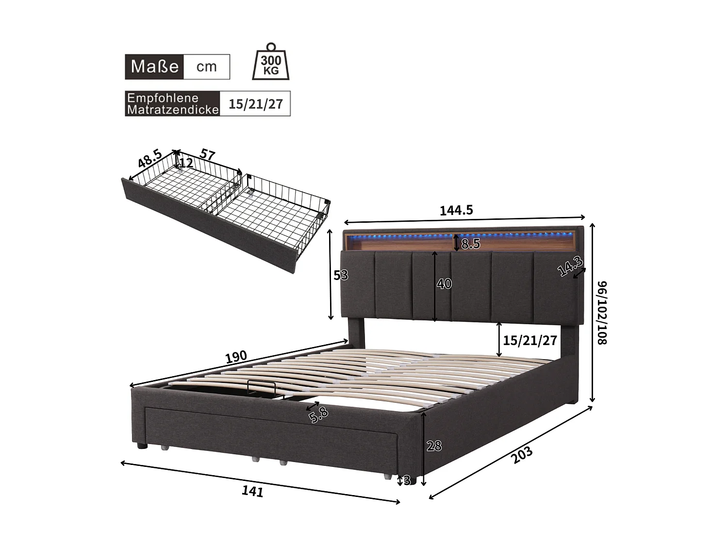 140 x 190 cm großes Bett mit grauem Leinenbezug, gepolstertem Kopfteil, hydraulischem Stauraum und Schubladen – LED-Beleuchtung und Stahlrahmen