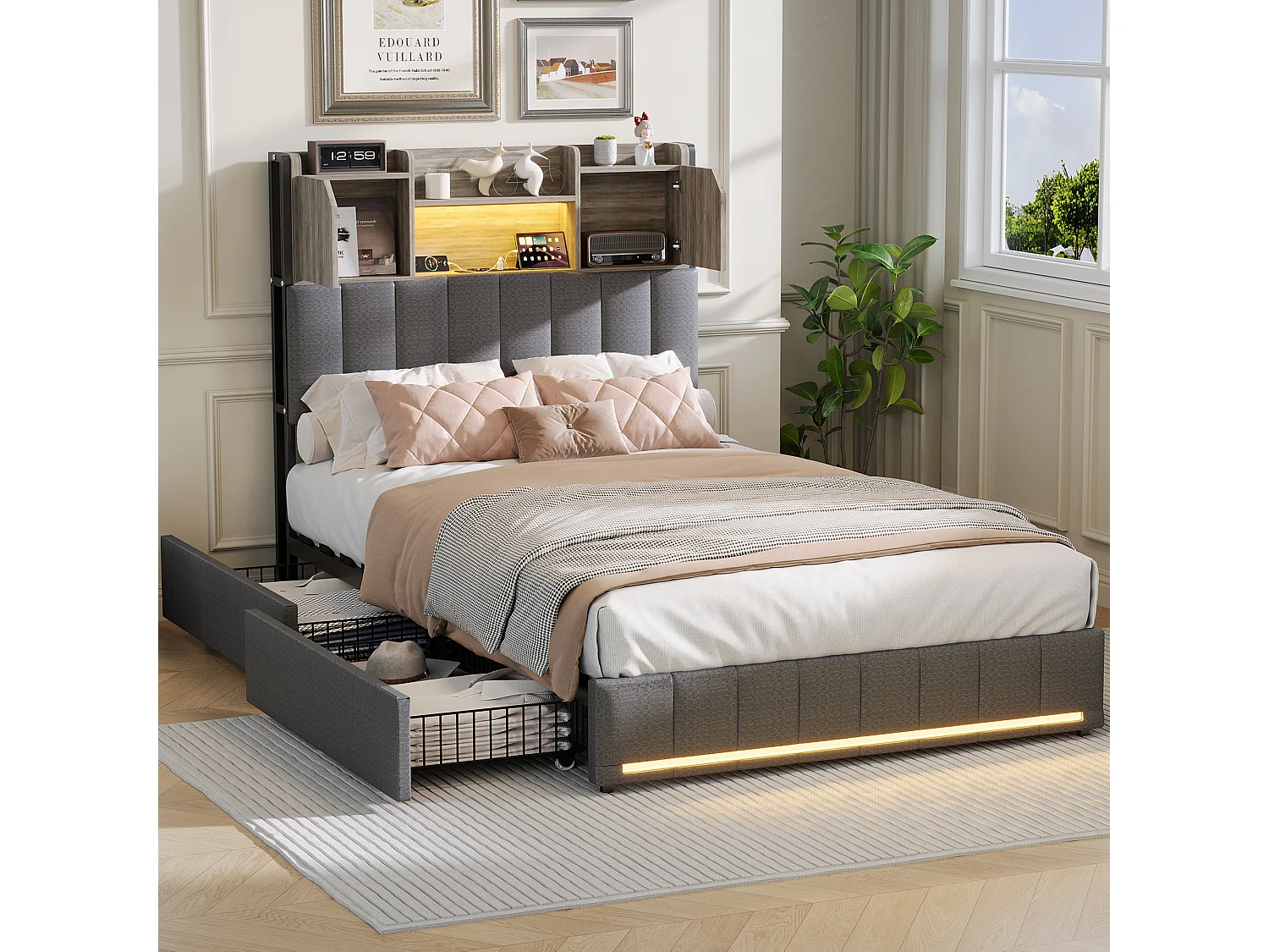 Lit 90x200 cm avec Tête de Lit LED et USB, 4 Tiroirs de Rangement, Sommier à Lattes, Lin Gris