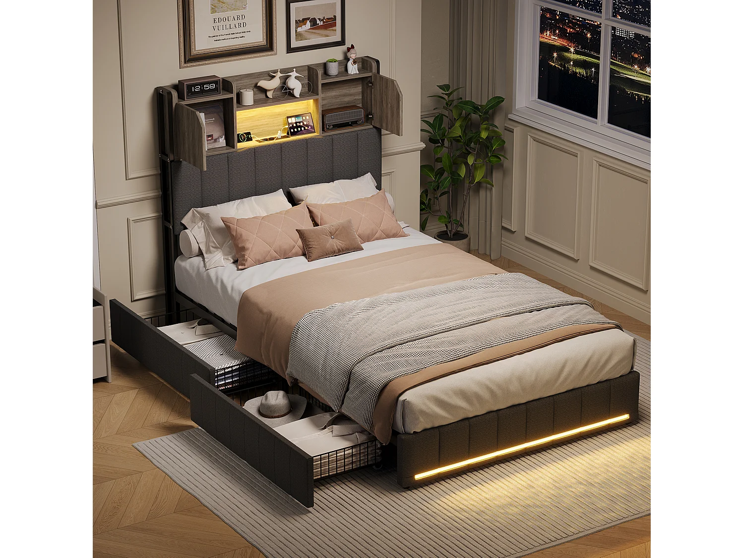 Lit 90x200 cm avec Tête de Lit LED et USB, 4 Tiroirs de Rangement, Sommier à Lattes, Lin Gris