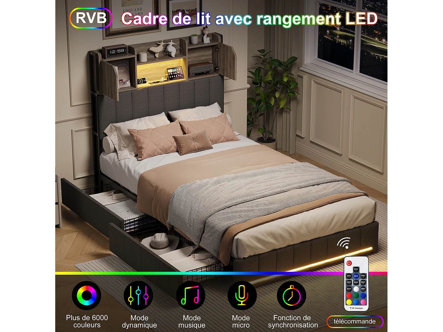 Lit 90x200 cm avec Tête de Lit LED et USB, 4 Tiroirs de Rangement, Sommier à Lattes, Lin Gris