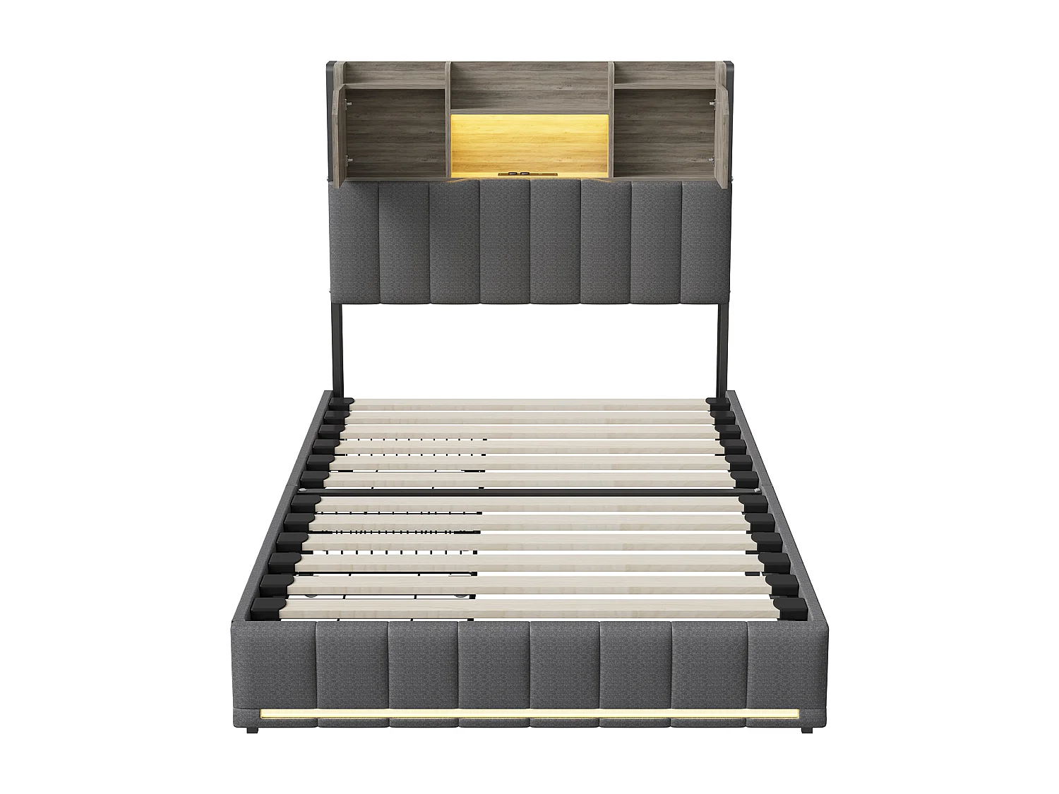 Lit 90x200 cm avec Tête de Lit LED et USB, 4 Tiroirs de Rangement, Sommier à Lattes, Lin Gris