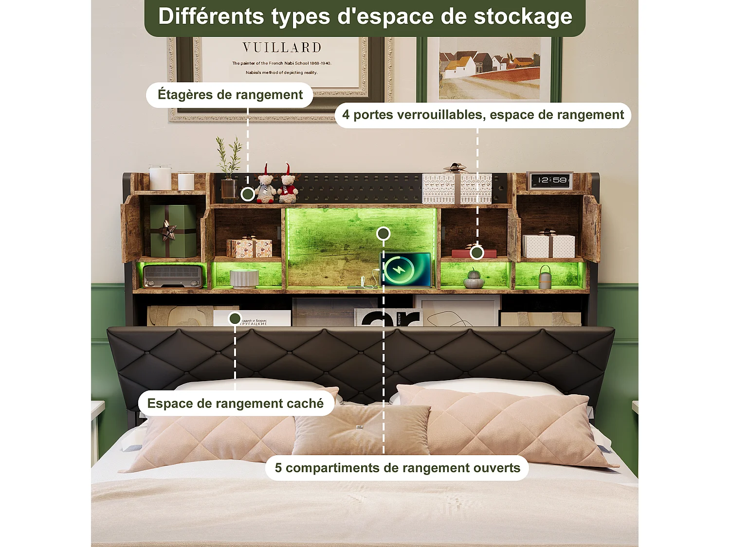 Letto 140x200 cm con testiera, mensola, contenitore integrato, illuminazione a LED e struttura in metallo – Portata massima 350 kg