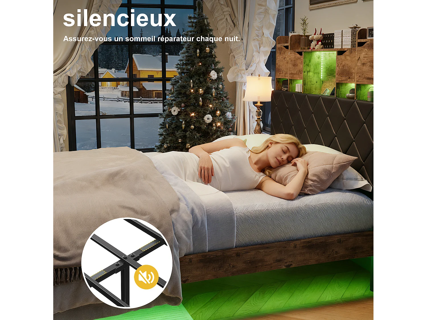 Letto 140x200 cm con testiera, mensola, contenitore integrato, illuminazione a LED e struttura in metallo – Portata massima 350 kg