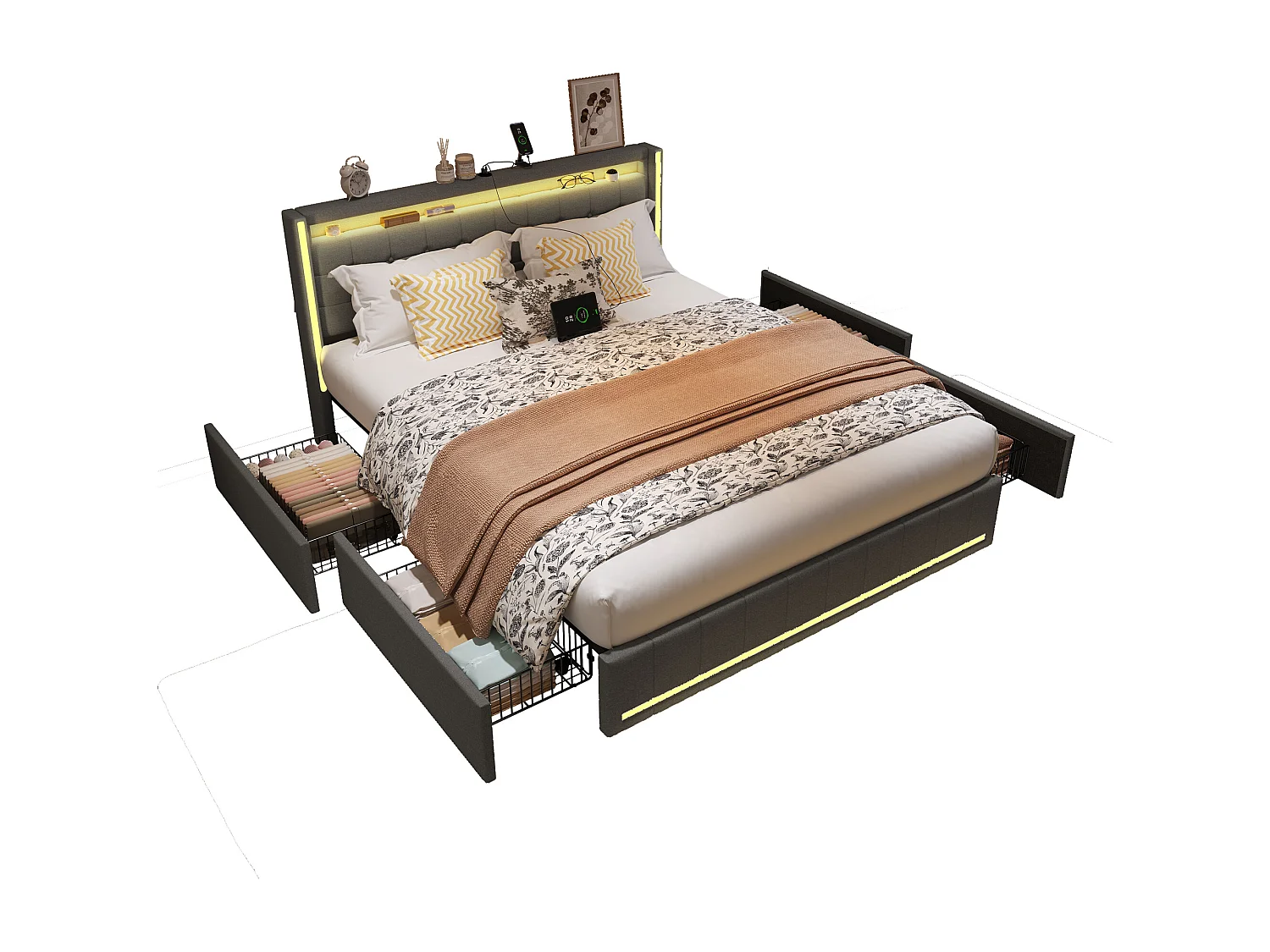 Lit Double 140x190 cm en Lin Gris Foncé avec LED, 4 Tiroirs en Métal et Ports USB à la Tête de Lit