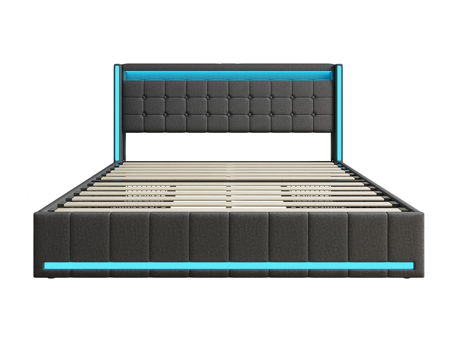 Lit Double 140x190 cm en Lin Gris Foncé avec LED, 4 Tiroirs en Métal et Ports USB à la Tête de Lit