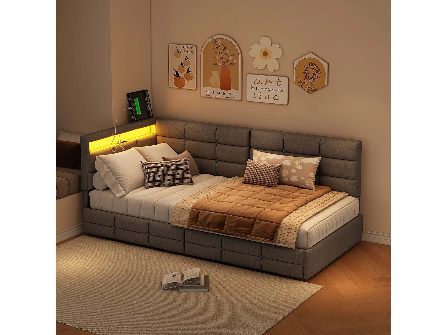 Bed met L-vormig hoofdbord in grijze stof, geïntegreerde ledverlichting, USB-poort, opberglade en lattenbodem – 90x200 cm
