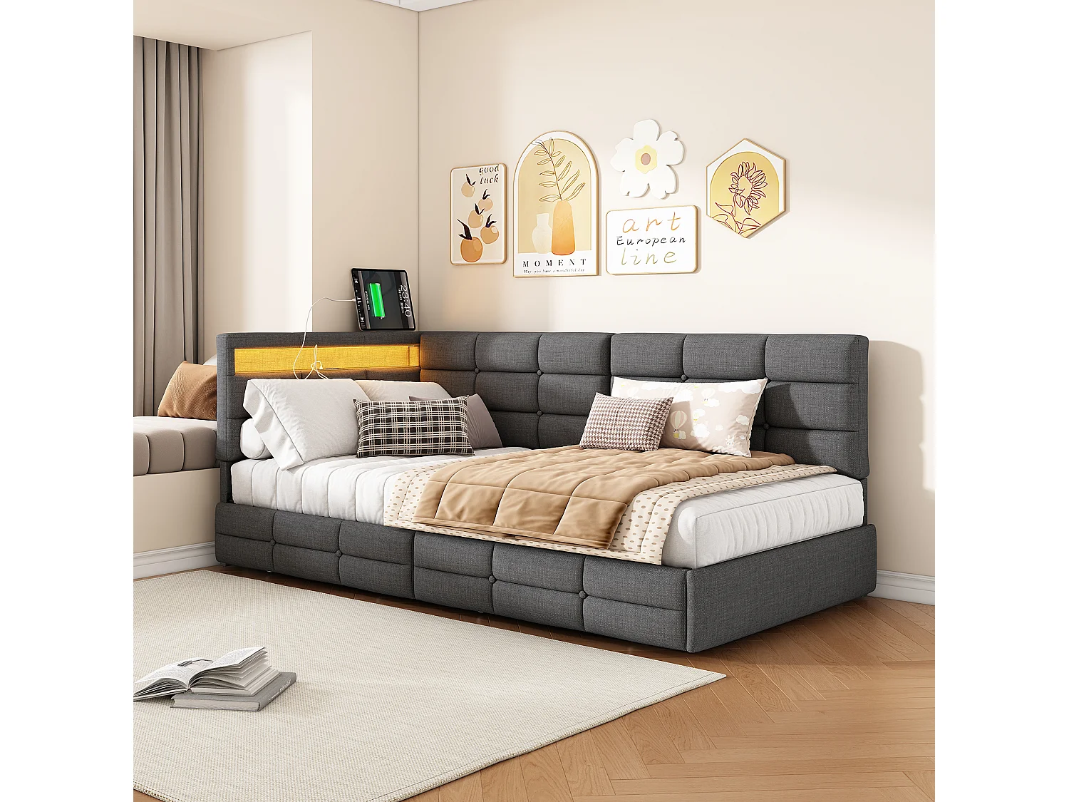 Bed met L-vormig hoofdbord in grijze stof, geïntegreerde ledverlichting, USB-poort, opberglade en lattenbodem – 90x200 cm