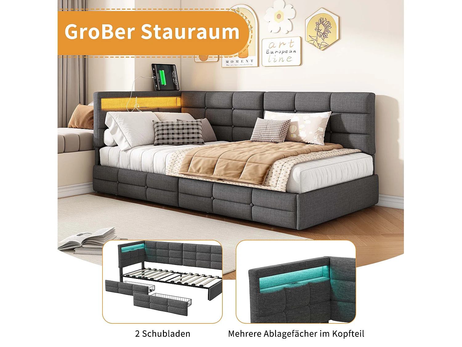 Bed met L-vormig hoofdbord in grijze stof, geïntegreerde ledverlichting, USB-poort, opberglade en lattenbodem – 90x200 cm