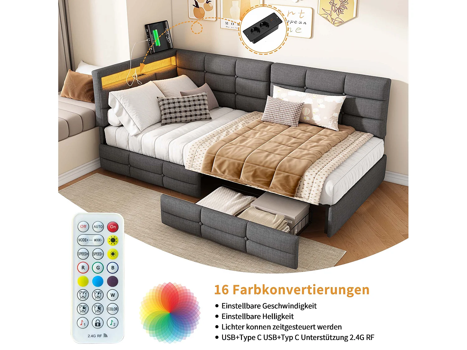 Bed met L-vormig hoofdbord in grijze stof, geïntegreerde ledverlichting, USB-poort, opberglade en lattenbodem – 90x200 cm
