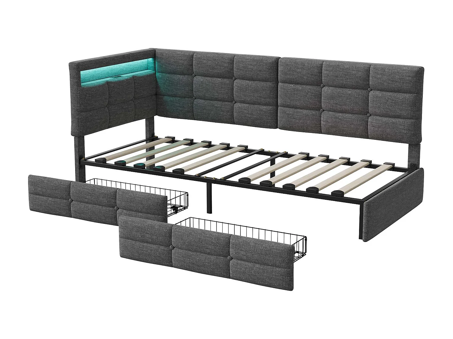 Bed met L-vormig hoofdbord in grijze stof, geïntegreerde ledverlichting, USB-poort, opberglade en lattenbodem – 90x200 cm
