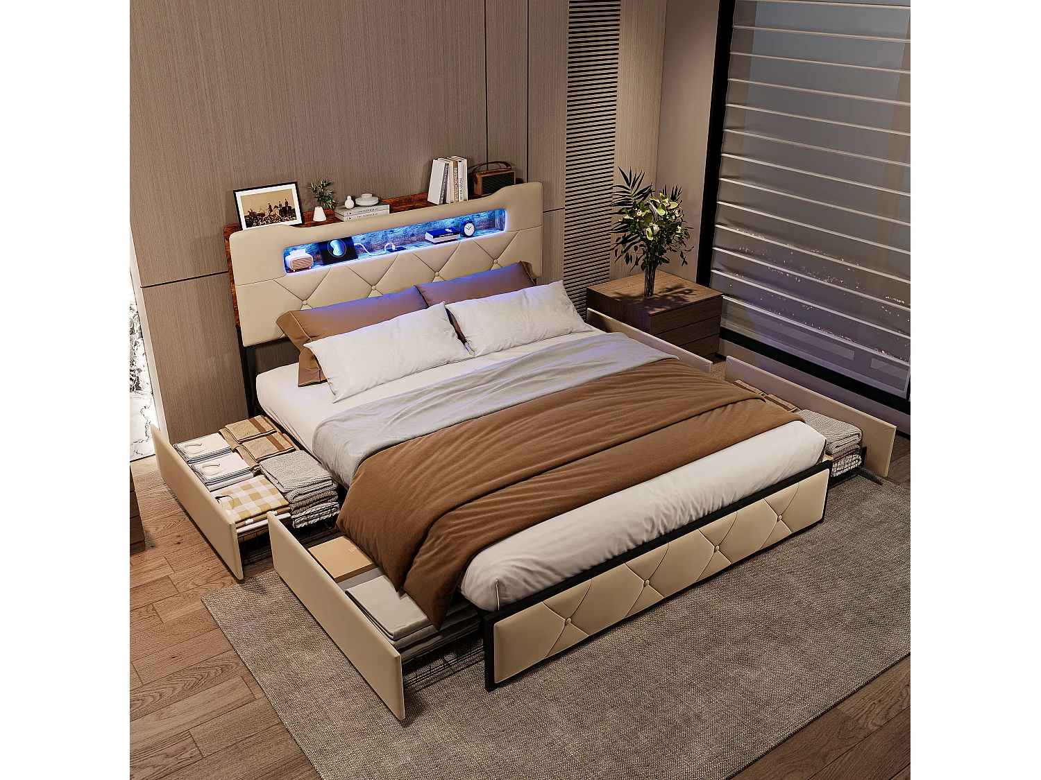 Letto 160x200 cm con 4 cassetti contenitore – Testiera con illuminazione a LED, rivestimento in tessuto beige, struttura e pannelli in metallo