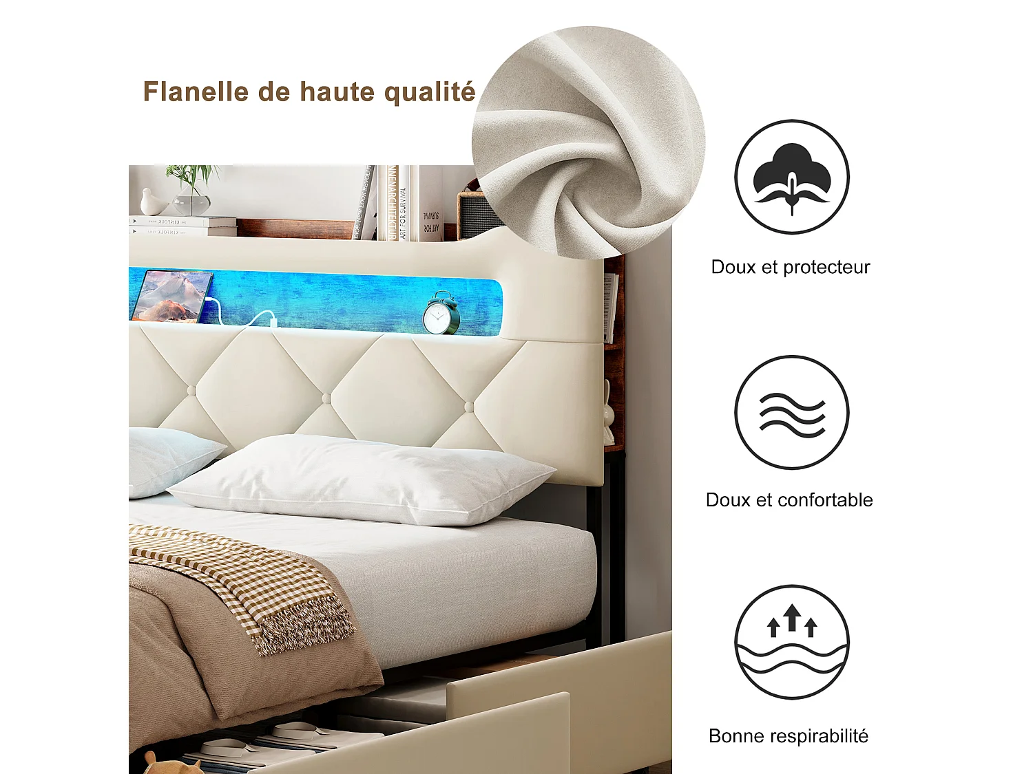 Letto 160x200 cm con 4 cassetti contenitore – Testiera con illuminazione a LED, rivestimento in tessuto beige, struttura e pannelli in metallo