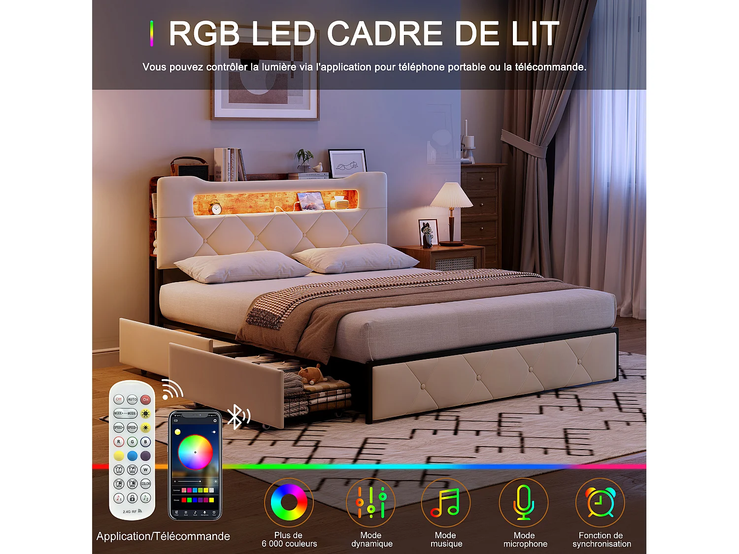 Letto 140x200 cm con 4 cassetti contenitore – Testiera con illuminazione a LED, rivestimento in tessuto beige, struttura e pannelli in metallo