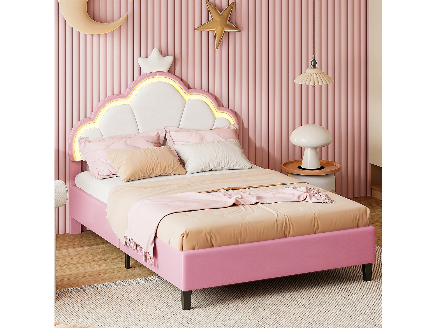 Roze en witte fluwelen bed van 90x200 cm met ledverlichting, kroondesign, afstandsbediening en aanpasbare standen.