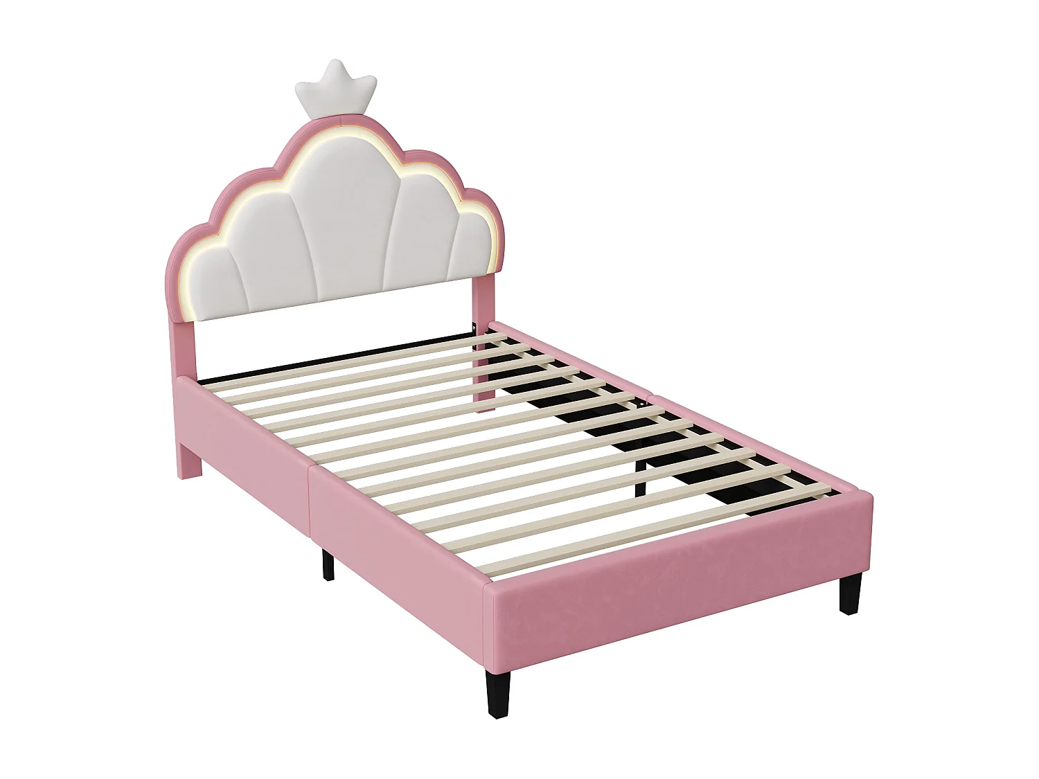 Roze en witte fluwelen bed van 90x200 cm met ledverlichting, kroondesign, afstandsbediening en aanpasbare standen.