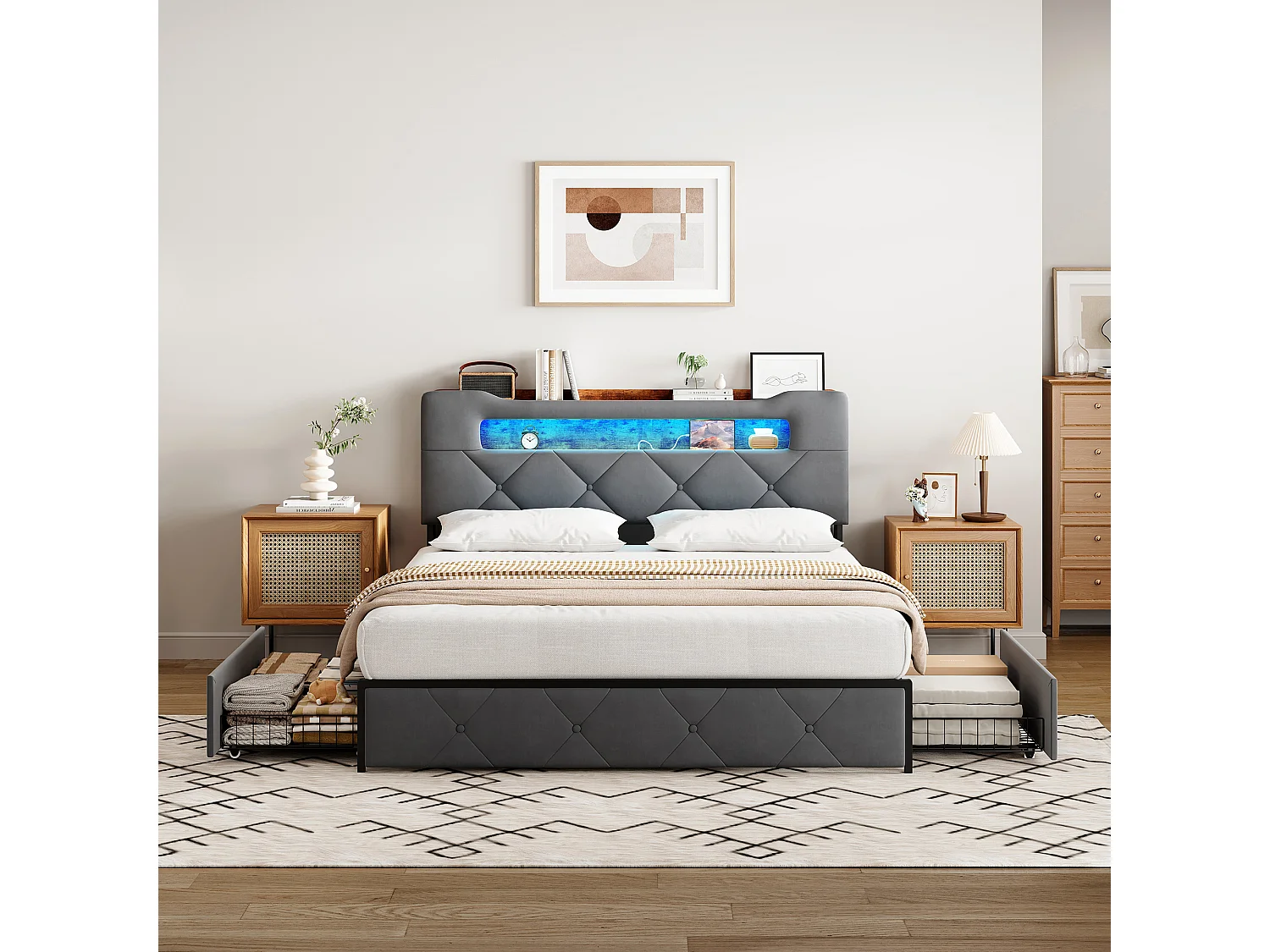 Letto 140x200 cm con 4 cassetti contenitore – Testiera con illuminazione a LED, rivestimento in tessuto grigio, struttura e pannelli in metallo