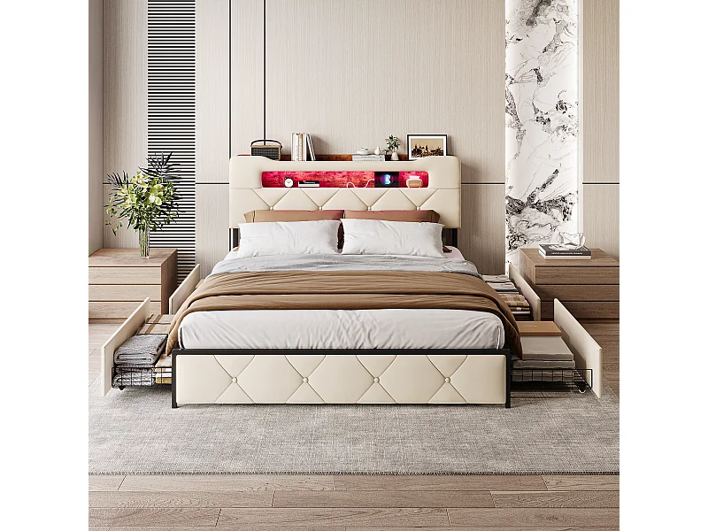Bett (140 x 190 cm) mit 4 Schubladen – Kopfteil mit LED-Beleuchtung, beigefarbener Stoffbezug, Metallrahmen und -paneele