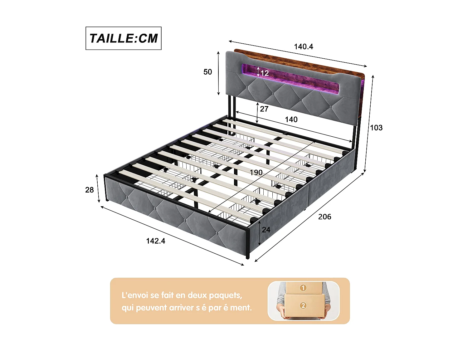 Lit 140x190 cm avec 4 Tiroirs de Rangement – Tête de Lit avec Éclairage LED, Revêtement en Tissu Gris, Structure Métal et Panneaux