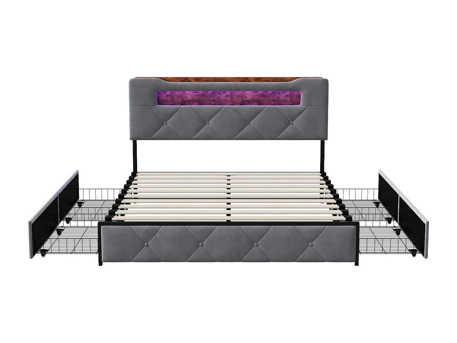 Lit 140x190 cm avec 4 Tiroirs de Rangement – Tête de Lit avec Éclairage LED, Revêtement en Tissu Gris, Structure Métal et Panneaux