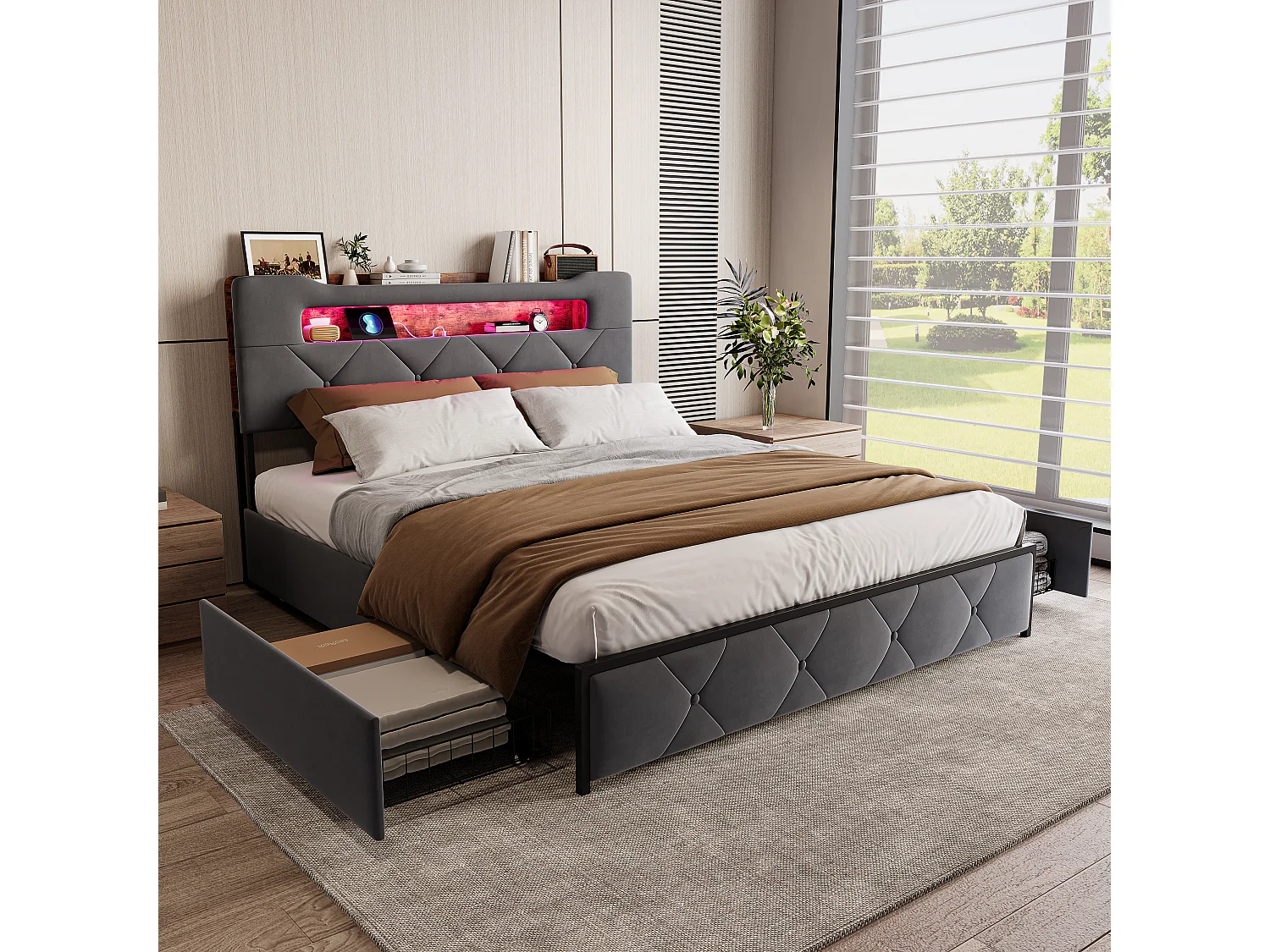Letto 160x200 cm con 4 cassetti contenitore – Testiera con illuminazione a LED, rivestimento in tessuto grigio, struttura e pannelli in metallo