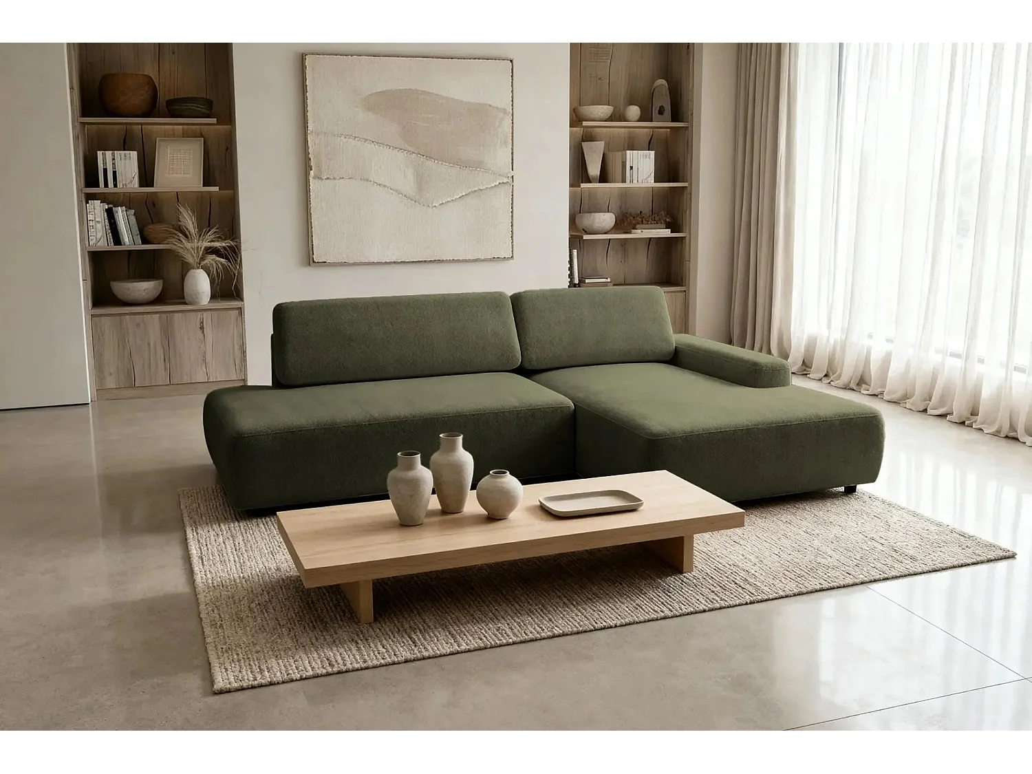 IVY O - Canapé d'angle convertible coffre tissu chiné 3 places - Vert olive - Gauche