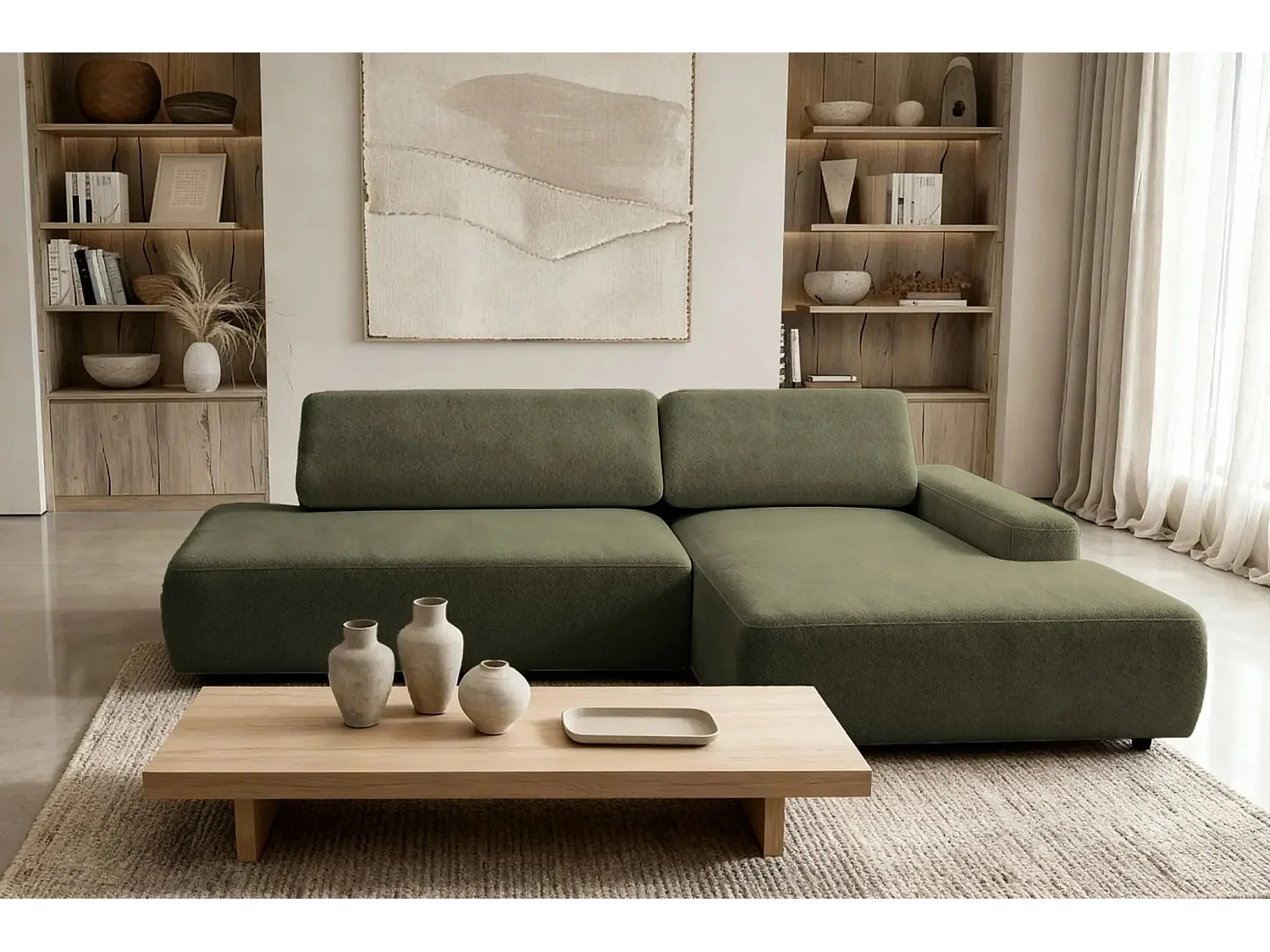 IVY O - Canapé d'angle convertible coffre tissu chiné 3 places - Vert olive - Gauche